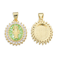 Brass Micro Pave Clear Cubic Zirconia Pendants, with Enamel and Shell, Real 18K Gold Plated, Nickel Free, Oval with Saint, Light Green, 19.5x14.5x4mm, Hole: 3x4mm(KK-N227-95E)