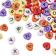 180Pcs 6 Colors Horizontal Hole Opaque Acrylic Beads, Heart with Random Letters, Mixed Color, 10.5x11.5x4.5mm, Hole: 2mm, 30pcs/color(SACR-HY0001-01)