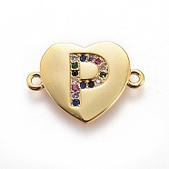 Brass Micro Pave Cubic Zirconia Links, Heart with Letter, Colorful, Golden, Letter.P, 14~14.5x19.5~20x1.5mm, Hole: 1.5mm(ZIRC-F093-55G-P)