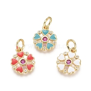 Golden Plated Brass Charms, with Enamel, Cubic Zirconia and Jump Rings, Flower, Mixed Color, 14x11.5x1.5mm, Hole: 4mm(ZIRC-L086-002)
