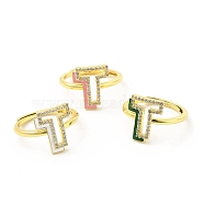 Mixed Color Enamel Initial Letter Adjustable Ring with Clear Cubic Zirconia, Real 18K Gold Plated Brass Jewelry for Women, Cadmium Free & Lead Free, Letter.T, US Size 5 1/4(16mm), Letter.T: 13.2x11mm(RJEW-P045-01G-T)