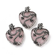 Natural Rose Quartz Pendants, Heart Charms, with Rack Plating Antique Silver Tone Alloy Dragon Findings, 41~41.5x31.5~32x11.5mm, Hole: 6.5x8.5mm(G-A207-04AS-07)