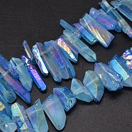 Electroplated Natural Quartz Crystal Beads Strands, Nuggets, Tusk Shape, AB Color, Dyed, Cornflower Blue, 7~15x18~60mm, Hole: 1mm, about 46pcs/strand, 16 inch(G-A142-03C)