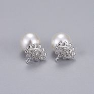 Brass Micro Pave Clear Cubic Zirconia Stud Earrings, with Acrylic Imitation Pearl, Long-Lasting Plated, Eye, Real Platinum Plated, 12.5x13mm, Pin: 0.7mm(EJEW-K083-01P)