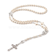 Natural Lava Rock & Synthetic Turquoise Rosary Bead Necklace, Alloy Cross with Virgin Mary Pendant Necklace for Women, Antique White, 24.80 inch(63cm)(NJEW-JN04237-02)