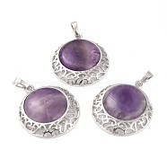 Natural Amethyst Pendants with Hollow Platinum Brass Findings, Flat Round, 33.5x30x6mm, Hole: 8x5mm(G-P448-A18-P)