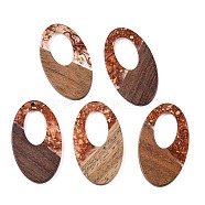 Transparent Resin and Walnut Wood Pendants, Hollow Oval Charms with Gold Foil, Chocolate, 49.5x28x4mm, Hole: 2mm, (RESI-T057-02C)