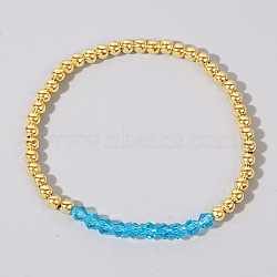 Colorful Birthstone Faceted Bicone & Brass Beaded Stretch Bracelets for Women, Deep Sky Blue, 6-7/8 inch(17.5cm)(RJ7989-3)