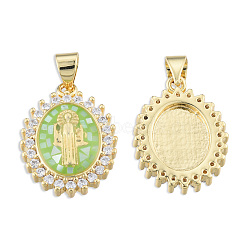 Brass Micro Pave Clear Cubic Zirconia Pendants, with Enamel and Shell, Real 18K Gold Plated, Nickel Free, Oval with Saint, Light Green, 19.5x14.5x4mm, Hole: 3x4mm(KK-N227-95E)