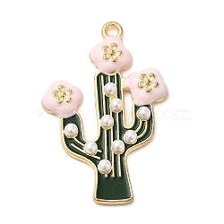 Golden Plated Alloy Enamel Pendants, with Plastic Imitation Pearl, Cactus Charms, Colorful, 36x23.5x3.6mm, Hole: 1.8mm(ENAM-L043-08G)
