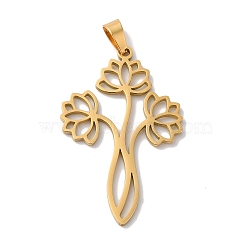 304 Stainless Steel Pendants, Laser Cut, Hollow Lotus Charm, Real 18K Gold Plated, 34.5x22x1mm, Hole: 6x3mm(STAS-U010-12G)