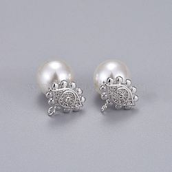 Brass Micro Pave Clear Cubic Zirconia Stud Earrings, with Acrylic Imitation Pearl, Long-Lasting Plated, Eye, Real Platinum Plated, 12.5x13mm, Pin: 0.7mm(EJEW-K083-01P)