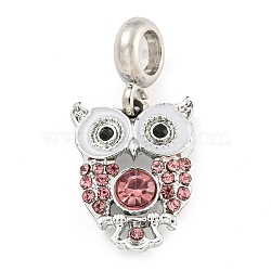 Rack Plating Alloy Enamel Owl European Dangle Charms, Large Hole Pendants with Rhinestone, Platinum, Cadmium Free & Nickel Free & Lead Free, Rose, 30mm, Hole: 4.8mm, Owl: 20x15x14.5mm(FIND-B034-11P-01)