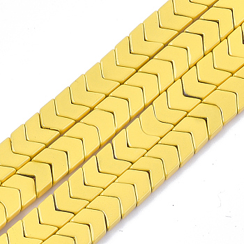 Spray Painted Non-magnetic Synthetic Hematite Beads Strands, Arrow/Chevron, Yellow, 5.5x6x2mm, Hole: 0.7mm, about 107pcs/strand, 16.1 inch