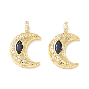 Rack Plating Brass Micro Pave Midnight Blue Cubic Zirconia Pendants, Cadmium Free & Nickel Free & Lead Free, Long-Lasting Plated, Moon, Real 18K Gold Plated, 23x15x5mm, Hole: 4x2.5mm