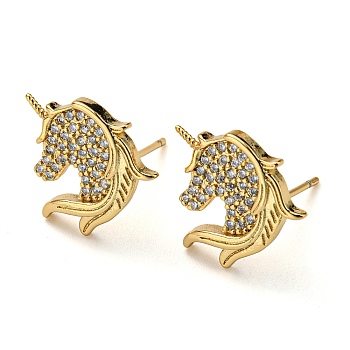 Rack Plating Brass Unicorn Stud Earrings with Cubic Zirconia, Lead Free & Cadmium Free, Real 18K Gold Plated, 13.5x13mm
