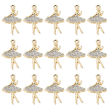 20Pcs Alloy Pendants, with Rhinestone, Dancer, Crystal, Light Gold, 28.3x17.1x3mm, Hole: 1.8mm