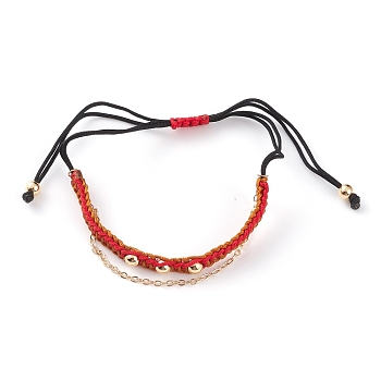 Adjustable Nylon Thread Braided Bead Bracelets, Multi-strand Bracelets, with Golden Plated Brass Round Beads and Cable Chains, Red, Inner Diameter: 1~3-1/2 inch(2.6~9cm)