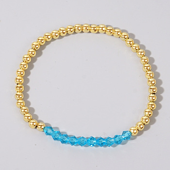 Colorful Birthstone Faceted Bicone & Brass Beaded Stretch Bracelets for Women, Deep Sky Blue, 6-7/8 inch(17.5cm)