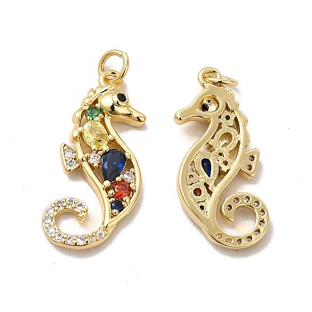 Rack Plating Eco-Friendly Brass Micro Pave Cubic Zirconia Pendants, with Jump Ring, Long-Lasting Plated, Lead Free & Cadmium Free, Sea Horse Charm, Real 18K Gold Plated, 26.5x11x3.5mm, Hole: 3.5mm
