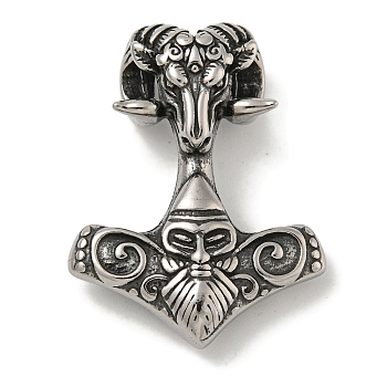 Viking 316 Surgical Stainless Steel Pendants, Goat Mjolnir Thor's Hammer Charm, Antique Silver, 40x30.5x12mm, Hole: 5.5mm