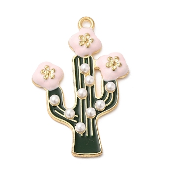 Golden Plated Alloy Enamel Pendants, with Plastic Imitation Pearl, Cactus Charms, Colorful, 36x23.5x3.6mm, Hole: 1.8mm