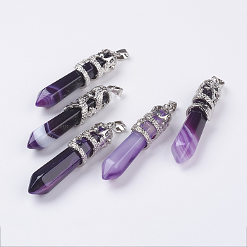 Natural Striped Agate/Banded Agate Big Pointed Pendants, with Alloy Findings, Faceted, Bullet, Platinum, 59~63x11~12mm, Hole: 4x7mm