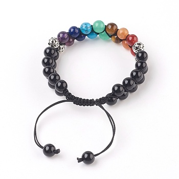 Chakra Natural Black Agate Braided Bead Bracelets, with Natural & Synthetic Mixed Stone and Alloy Findings, Antique Silver, 2-3/8 inch(6cm)