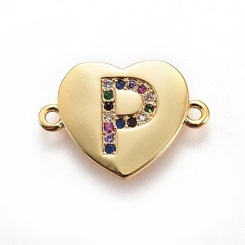 Brass Micro Pave Cubic Zirconia Links, Heart with Letter, Colorful, Golden, Letter.P, 14~14.5x19.5~20x1.5mm, Hole: 1.5mm