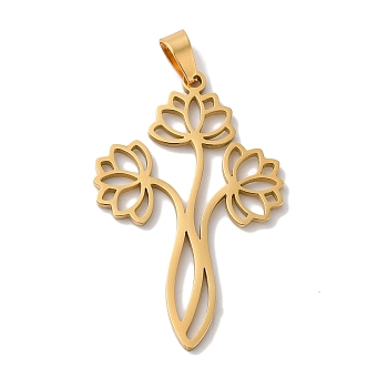 304 Stainless Steel Pendants, Laser Cut, Hollow Lotus Charm, Real 18K Gold Plated, 34.5x22x1mm, Hole: 6x3mm