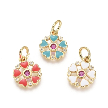 Golden Plated Brass Charms, with Enamel, Cubic Zirconia and Jump Rings, Flower, Mixed Color, 14x11.5x1.5mm, Hole: 4mm