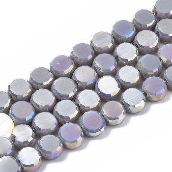 Electroplate Glass Beads Strands, AB Color Plated, Faceted, Flat Round, Dark Gray, 5.5x6x3.5mm, Hole: 1.2mm, about 98~100pcs/strand, 19.84~21.65 inch(50.4cm~55cm)