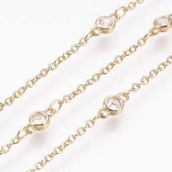 Handmade Brass Cubic Zirconia Chains, Soldered, Long-Lasting Plated, Real 18K Gold Plated, 8x4x2mm