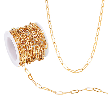316L Surgical Stainless Steel Flat Paperclip Chains, Drawn Elongated Cable Chains, with Spool, Soldered, Real 18K Gold Plated, 12x4x1mm