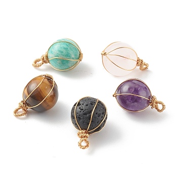Natural Mixed Gemstone Pendants, with Real 18K Gold Plated Eco-Friendly Copper Wire, Round, 19~20x12~13mm, Hole: 2.5mm
