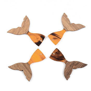 Resin & Walnut Wood Pendants, Mermaid Fishtail Shape, Orange, 39x28x3mm, Hole: 2mm