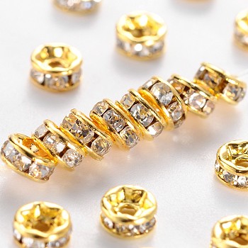 Brass Grade A Rhinestone Spacer Beads, Golden Plated, Rondelle, Nickel Free, Crystal, 4x2mm, Hole: 0.8mm