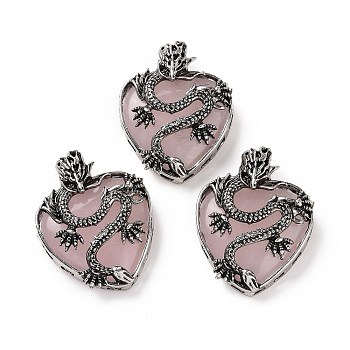 Natural Rose Quartz Pendants, Heart Charms, with Rack Plating Antique Silver Tone Alloy Dragon Findings, 41~41.5x31.5~32x11.5mm, Hole: 6.5x8.5mm