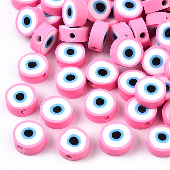 Handmade Polymer Clay Beads, Flat Round with Evil Eye, Hot Pink, 9~10x3.5~4.5mm, Hole: 1.5mm