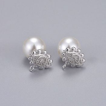 Brass Micro Pave Clear Cubic Zirconia Stud Earrings, with Acrylic Imitation Pearl, Long-Lasting Plated, Eye, Real Platinum Plated, 12.5x13mm, Pin: 0.7mm