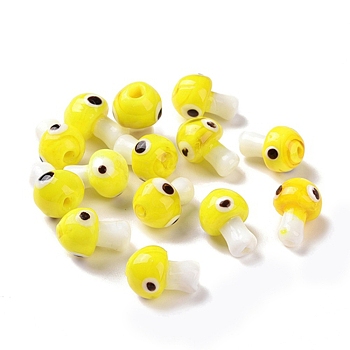 Handmade Evil Eye Lampwork Beads, Mushroom Shape, Yellow, 16.5~18x11.5~13x11.5~13mm, Hole: 1.6~2mm