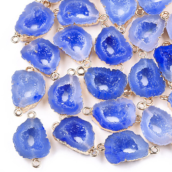 Electroplate Druzy Resin Links connectors, with Iron Findings, Nuggets, Light Gold, Blue, 26x15~16x6~7mm, Hole: 1mm
