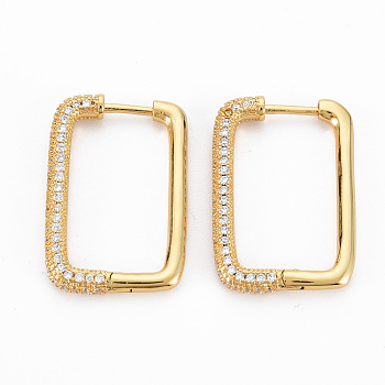 Rectangle Hoop Earrings for Girl Women, Brass Micro Pave Clear Cubic Zirconia Earrings, Nickel Free, Real 16K Gold Plated, 27.5x18x3mm, Pin: 1mm