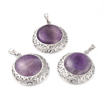 Natural Amethyst Pendants with Hollow Platinum Brass Findings, Flat Round, 33.5x30x6mm, Hole: 8x5mm