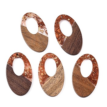 Transparent Resin and Walnut Wood Pendants, Hollow Oval Charms with Gold Foil, Chocolate, 49.5x28x4mm, Hole: 2mm, 