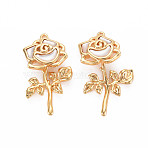 Brass Mother of Pearl White Shell Pendants, June Birth Flower Charms, Nickel Free, Oval with Rose, Real 18K Gold Plated, Flower: 10.5mm long, 11mm wide, 3mm thick, Leaf: 16mm long, 13mm wide, 2mm thick(KK-S364-237G)