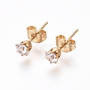 304 Stainless Steel Stud Earrings, with Rhinestone and Ear Nuts/Earring Back, Flat Round, Crystal, Golden, 14.5x4.5mm, Pin: 0.6mm, 12pairs/card(EJEW-I229-03G-A)