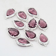 Silver Color Plated Brass Glass Links connectors, teardrop, Lavender, 25x13.5x17mm, Hole: 1mm(GLAA-J035-02S)