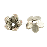 Tibetan Style Flower Alloy Bead Caps, 5-Petal, Lead Free & Cadmium Free, Antique Silver, 9x3mm, Hole: 1.5mm(TIBEP-S192-AS-RS)