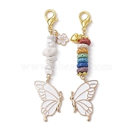 Butterfly Alloy Enamel Pendants Decoraiton, Natural Howlite Chip & Lava Rock Beads and Lobster Claw Clasps Charm, White, 81~83mm, 2pcs/set(HJEW-JM01637-02)